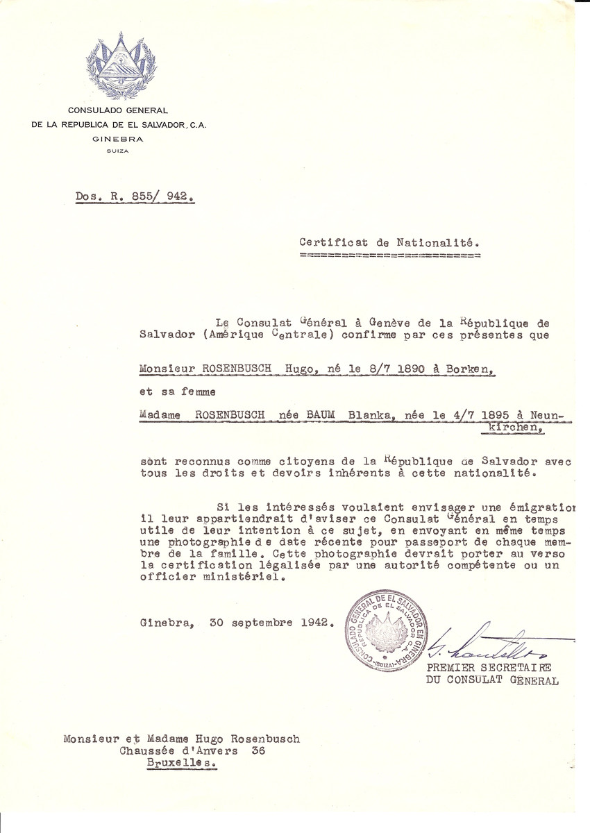 Unauthorized Salvadoran citizenship certificate issued to Hugo Rosenbusch (b. July 8, 1890 in Borken) and his wife Blanka (nee Baum) Rosenbusch (b. July 4, 1895 in Neunkirschen) by George Mandel-Mantello, First Secretary of the Salvadoran Consulate in Switzerland and sent to their residence in Brussels.