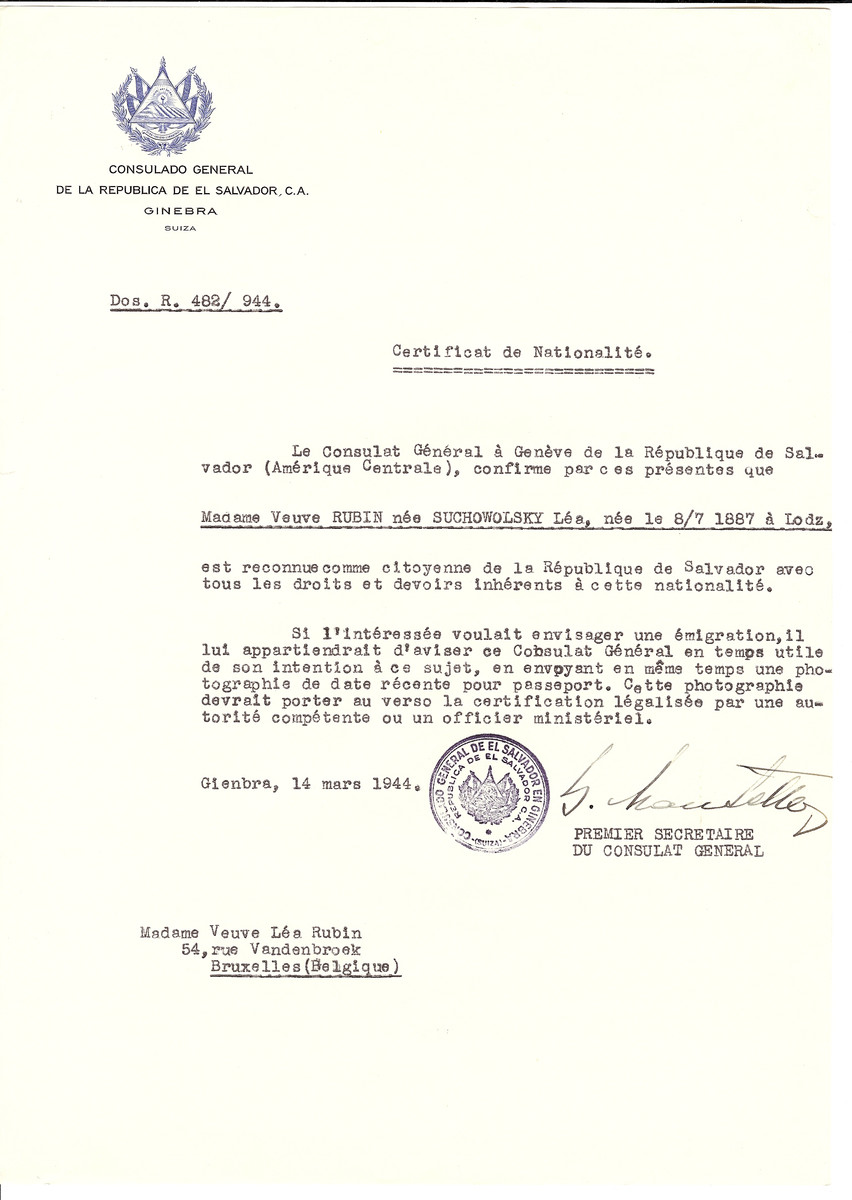 Unauthorized Salvadoran citizenship certificate issued to Lea (nee Suchowolsky) Rubin (b. July 8, 1887 in Lodz) by George Mandel-Mantello, First Secretary of the Salvadoran Consulate in Switzerland and sent to her residence in Brussels.