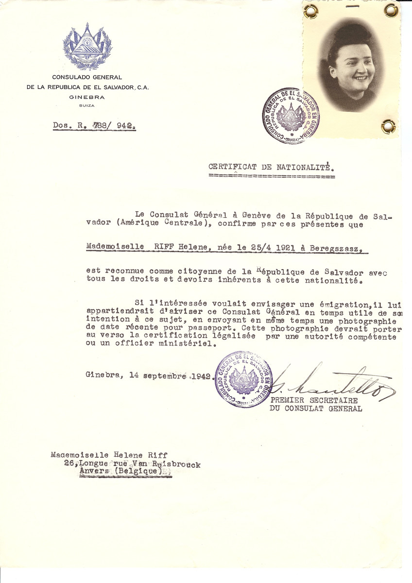 Unauthorized Salvadoran citizenship certificate issued to Helene Riff (b. April 25, 1921 in Beregszasz) by George Mandel-Mantello, First Secretary of the Salvadoran Consulate in Switzerland and sent to her residence in Antwerp.
