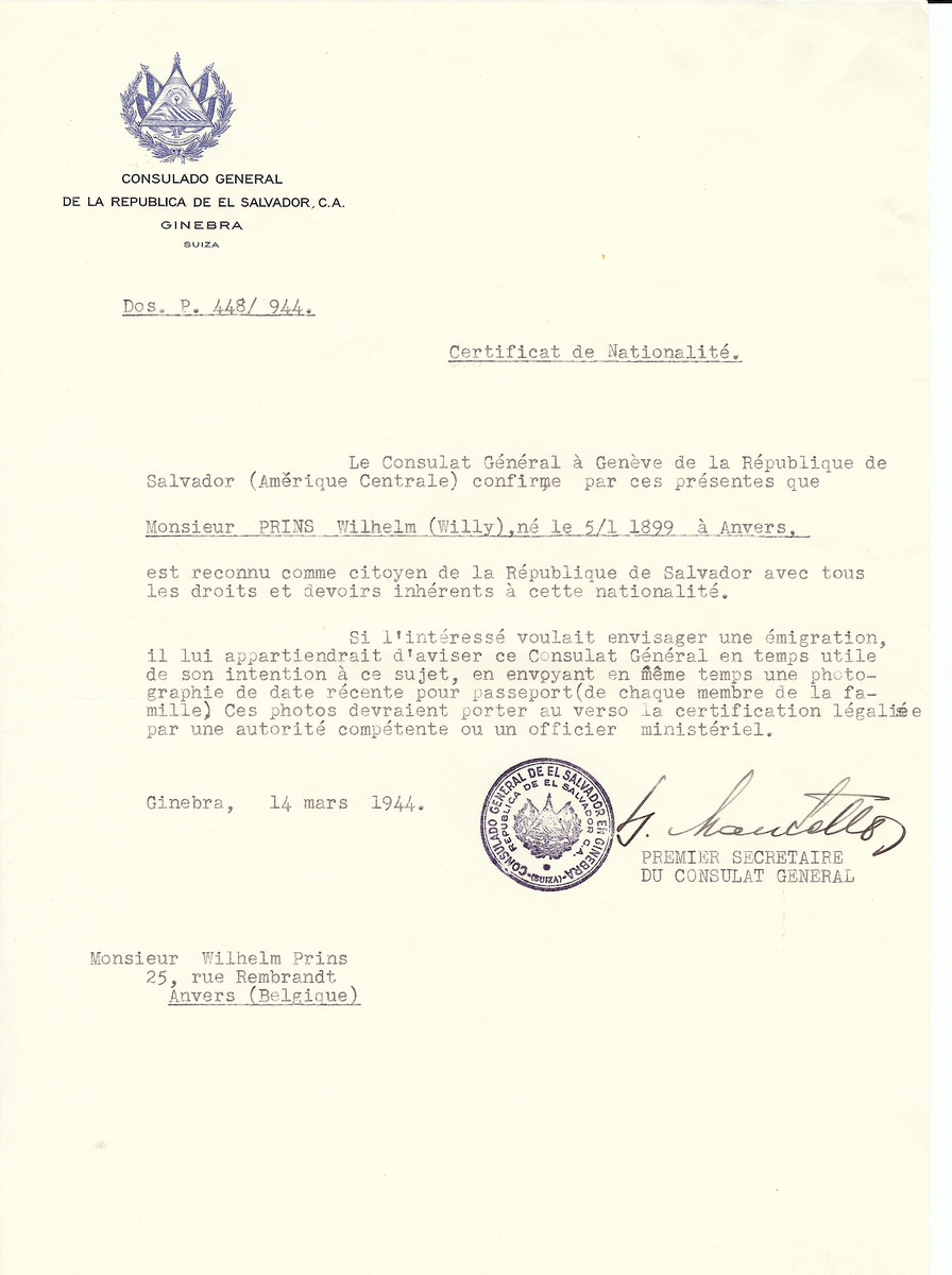 Unauthorized Salvadoran citizenship certificate issued to Wilhelm (Willy) Prins (b. January 5, 1899 in Antwerp) by George Mandel-Mantello, First Secretary of the Salvadoran Consulate in Switzerland and sent to his residence in Antwerp.