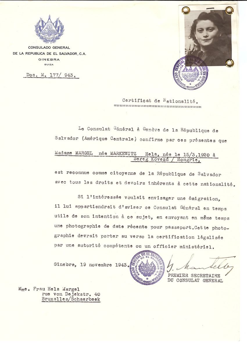 Unauthorized Salvadoran citizenship certificate issued to Hela (nee Markowicz) Margel (b. March 15, 1920 in Bereg Kovezd) by George Mandel-Mantello, First Secretary of the Salvadoran Consulate in Switzerland and sent to her residence in Brussels.