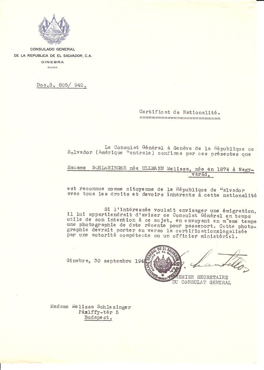 Unauthorized Salvadoran citizenship certificate issued to Melissa (nee Ullmann) Schlesinger (b. 1874 in Nagyvarad) by George Mandel-Mantello, First Secretary of the Salvadoran Consulate in Switzerland and sent to her in Budapest.