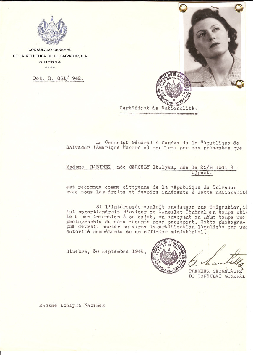 Unauthorized Salvadoran citizenship certificate issued to Ibolyka (nee Gergely) Rabinek (b. August 25, 1901 in Ujpest) by George Mandel-Mantello, First Secretary of the Salvadoran Consulate in Switzerland.