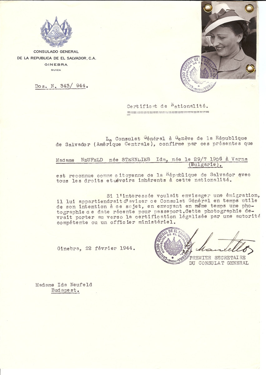 Unauthorized Salvadoran citizenship certificate issued to Ida (nee Sternlieb) Neufeld (b. July 29, 1906 in Varna) by George Mandel-Mantello, First Secretary of the Salvadoran Consulate in Switzerland and sent to her in Budapest.