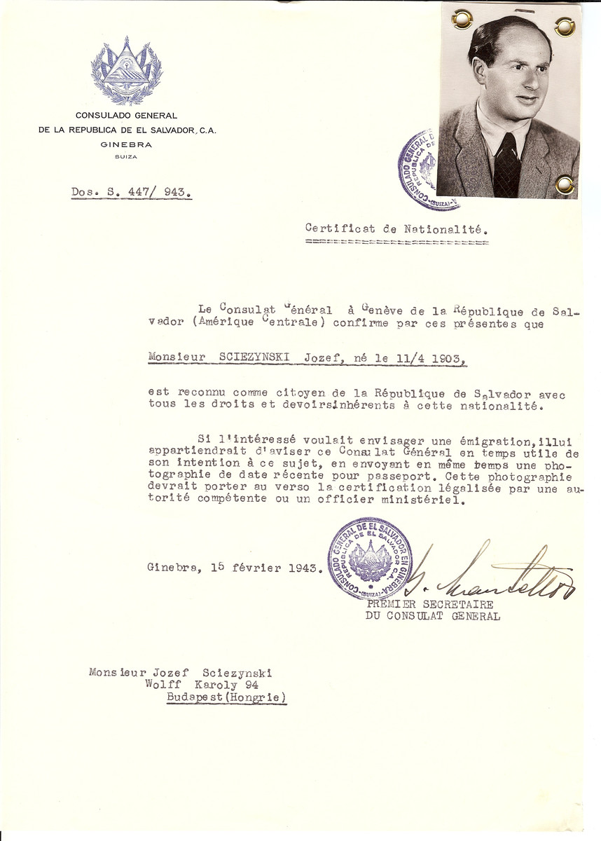 Unauthorized Salvadoran citizenship certificate issued to Jozef Sciezynski (b. April 11, 1903) by George Mandel-Mantello, First Secretary of the Salvadoran Consulate in Switzerland and sent to him in Budapest.