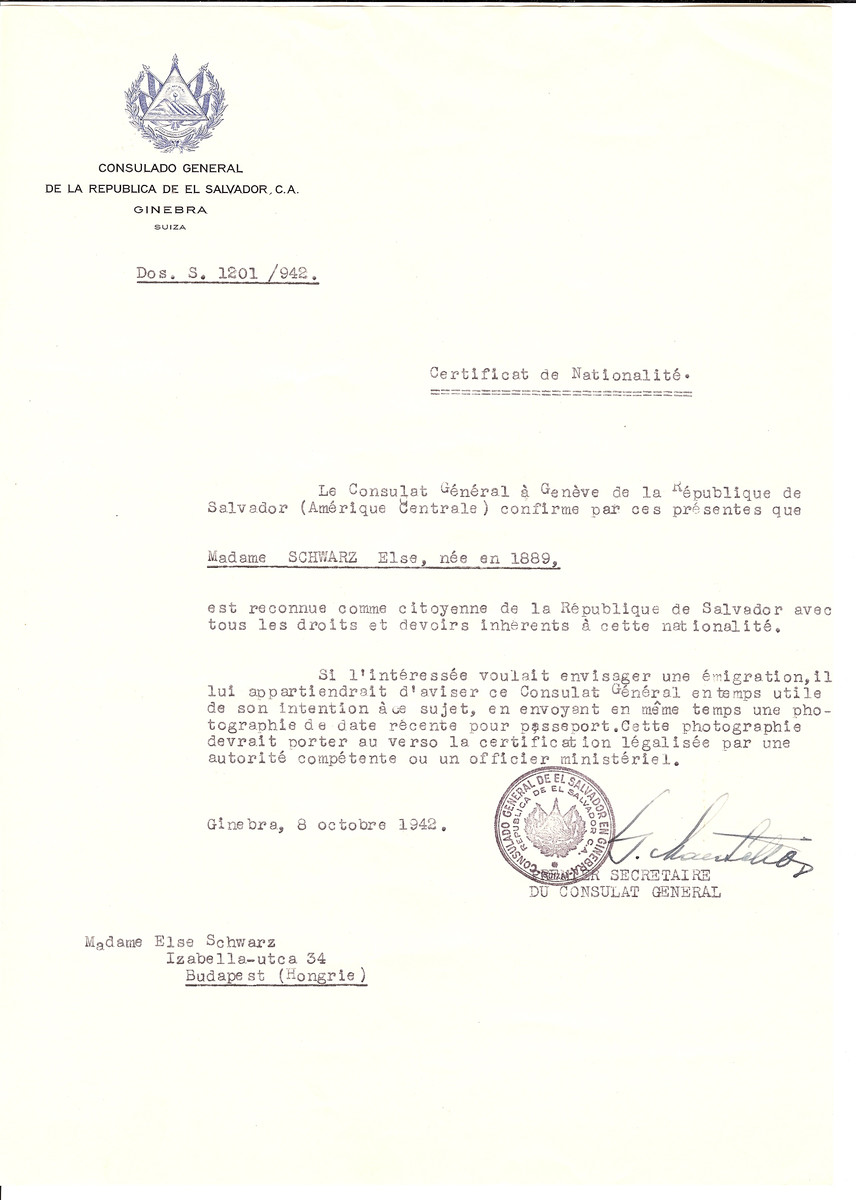 Unauthorized Salvadoran citizenship certificate issued to Else Schwarz (b. 1889) by George Mandel-Mantello, First Secretary of the Salvadoran Consulate in Switzerland and sent to her in Budapest.