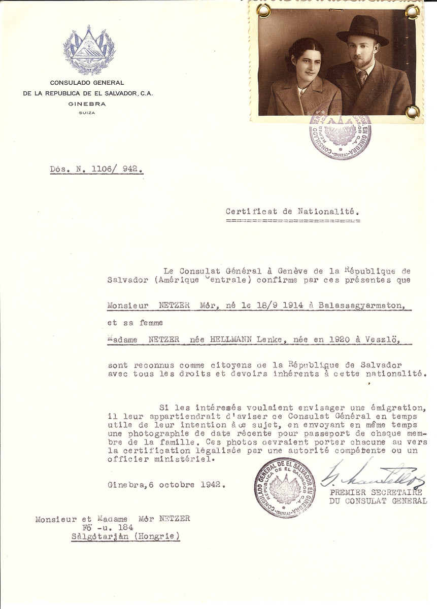 Unauthorized Salvadoran citizenship certificate issued to Mor Netzer (b. September 18, 1914 in Balassagyarmaton) and his wife Lenke (nee Hellmann) Netzer (b. 1920 in Veszlo) by George Mandel-Mantello, First Secretary of the Salvadoran Consulate in Switzerland and sent to them in Salgotarjan.