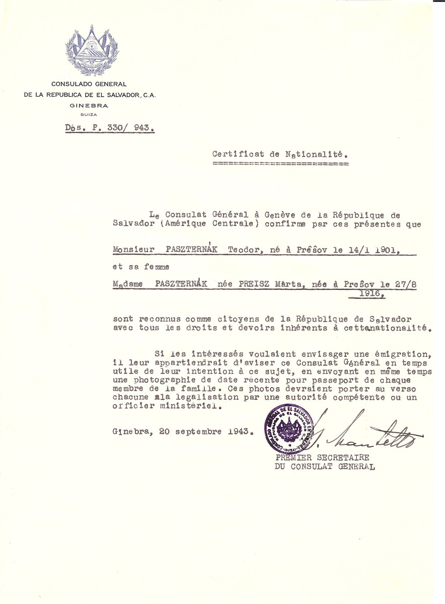 Unauthorized Salvadoran citizenship certificate issued to Teodor Paszternak (b. January 14, 1901 in Presov) and his wife Marta (nee Preisz) Paszternak (b. August 27, 1916 in Presov) by George Mandel-Mantello, First Secretary of the Salvadoran Consulate in Switzerland.