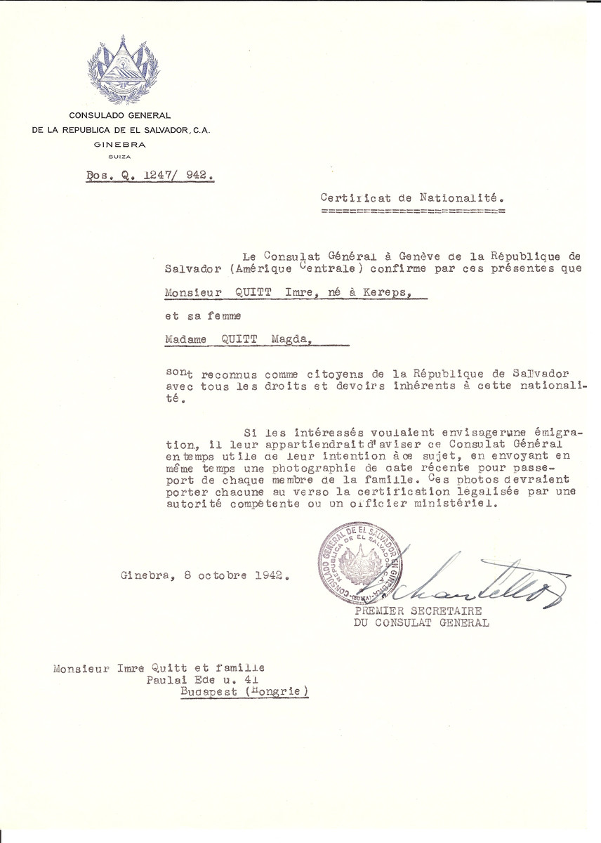 Unauthorized Salvadoran citizenship certificate issued to Imre Quitt (b. Kereps) and his wife Magda Quitt by George Mandel-Mantello, First Secretary of the Salvadoran Consulate in Switzerland and sent to them in Budapest.