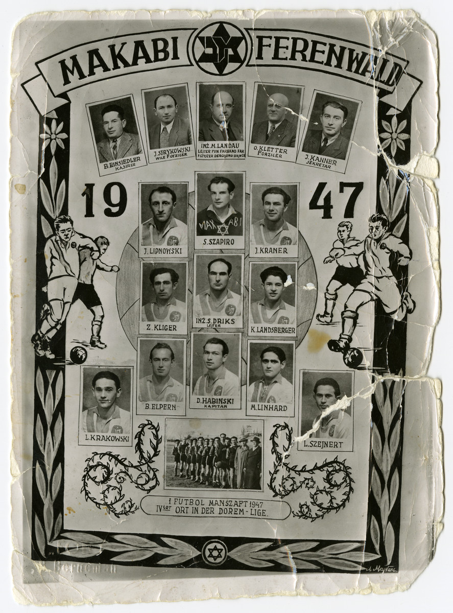 Composite photograph of the Makabi soccer team in the Foehrenwald displaced persons camp.