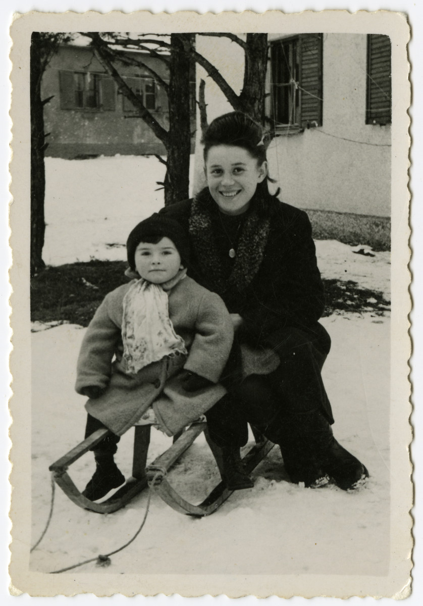 Sally Korn takes Abbie Fegerman sledding in the Foehrenwald displaced person's camp.

Abbie Fegerman was the son of friends in Foehrenwald.