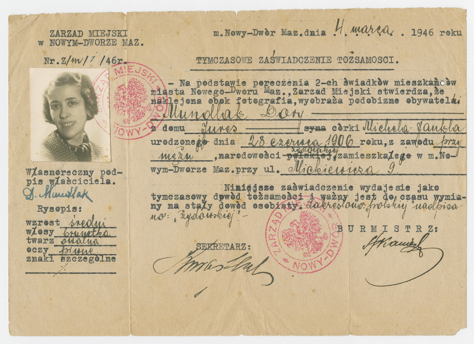Postwar identification document issued to Dora Mundlak in Nowy Dwor, Poland.