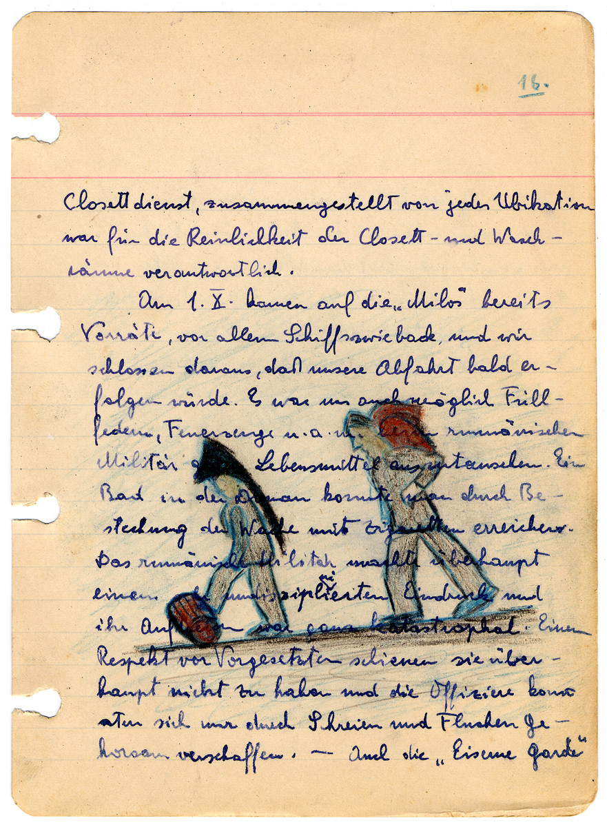 Illustrated page from the diary of Egon Weiss which he compiled during and immediately after his detention in the Athlit internment camp.