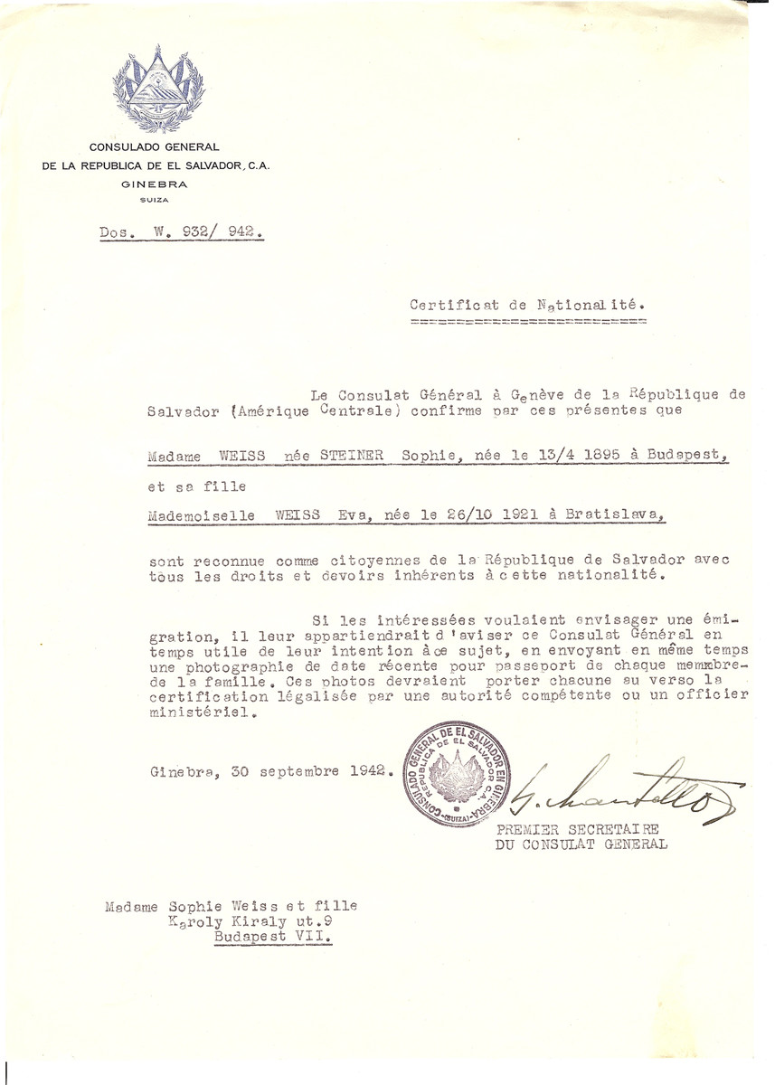 Unauthorized Salvadoran citizenship certificate issued to Sophie (nee Steiner) Weiss (b. April 13, 1895 in Budapest) and her daughter Eva (b. October 26, 1921) by George Mandel-Mantello, First Secretary of the Salvadoran Consulate in Geneva and sent to them in Budapest.