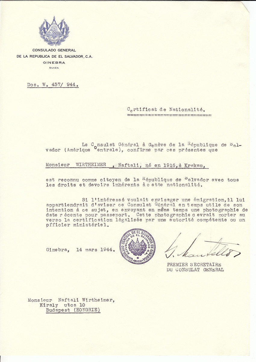 Unauthorized Salvadoran citizenship certificate issued to Naftali Wirtheimer (b. 1916 in Krakow) by George Mandel-Mantello, First Secretary of the Salvadoran Consulate in Geneva and sent to him in Budapest.