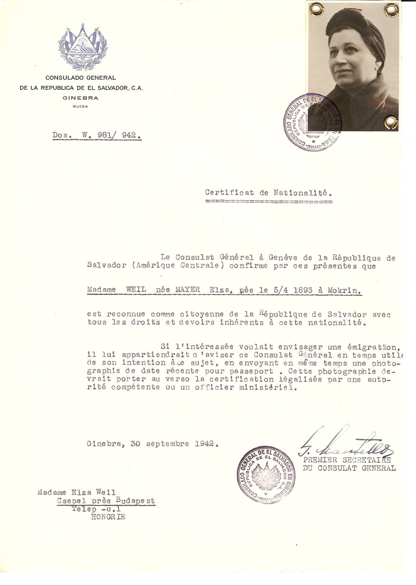 Unauthorized Salvadoran citizenship certificate issued to Elza (nee Mayer) Weil (b. April 5, 1893 in Mokrin) by George Mandel-Mantello, First Secretary of the Salvadoran Consulate in Geneva and sent to her in Csepel.