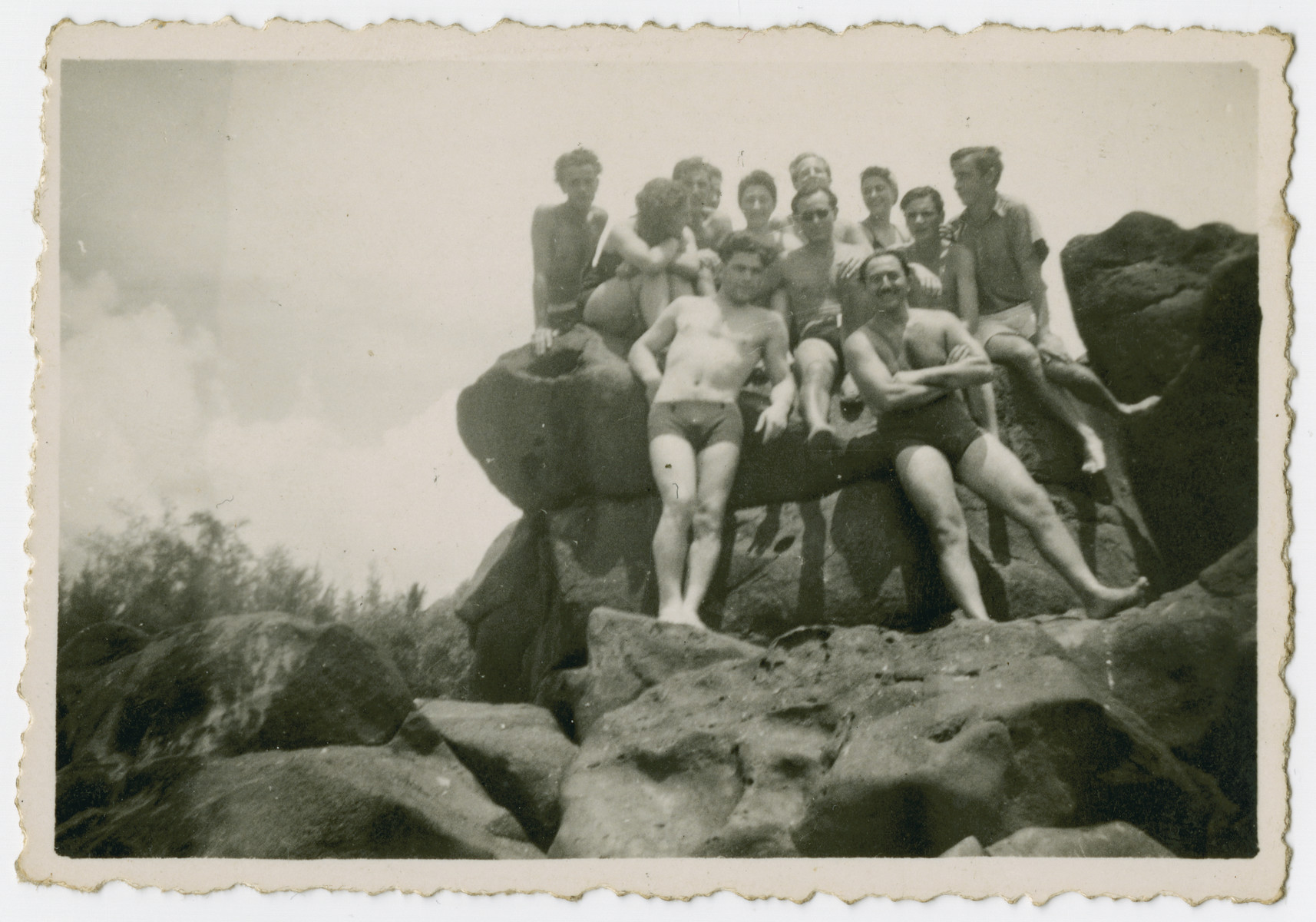 A group of internees on the island of Mauritius goes for a swim.

Hersh Makowski is pictured on the far right.