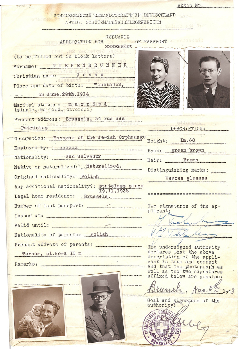 Application for the issuance of a Swiss passport filled out by Jonas Tiefenbrunner, the director of the Jewish orphanage, his wife Ruth and daughter Jeanette.  He states that his nationality is San Salvador [sic] by virtue of having received citizenship papers.

The Teifenbrunner family survived the war.  Jonas Teifenbrunner wrote a letter in June 1945 stating that the Mantello citizenship paper saved him from deportation.