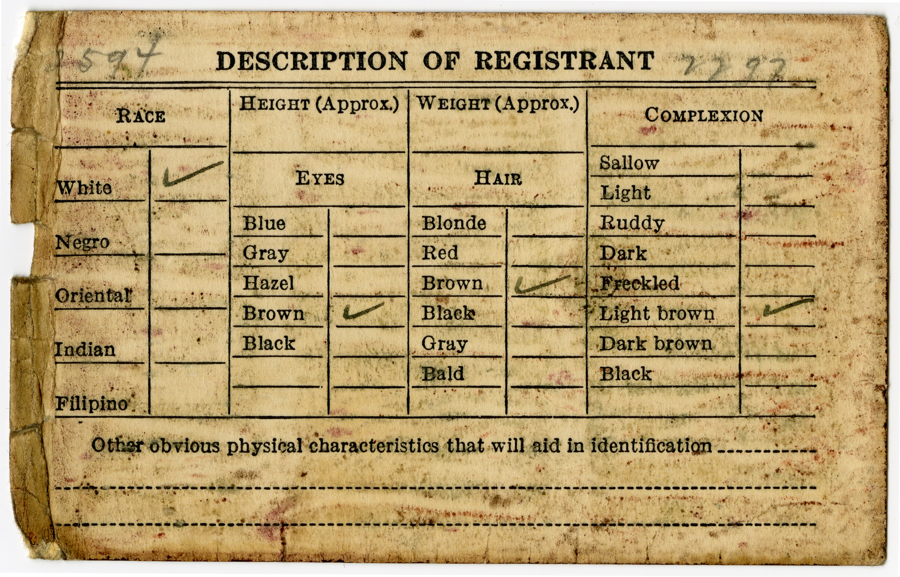 Selective Service registration card issued to Jack Postman only two years after his arrival in the United States from Nazi Austria. (verso)