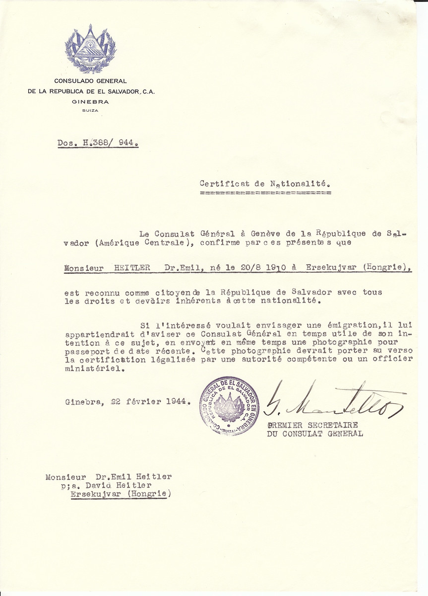 Unauthorized Salvadoran citizenship certificate issued to Dr. Emil Heitler (b. August 20, 1910 in Ersekujvar) by George Mandel-Mantello, First Secretary of the Salvadoran Consulate in Switzerland and sent to his residence in Ersekujvar.