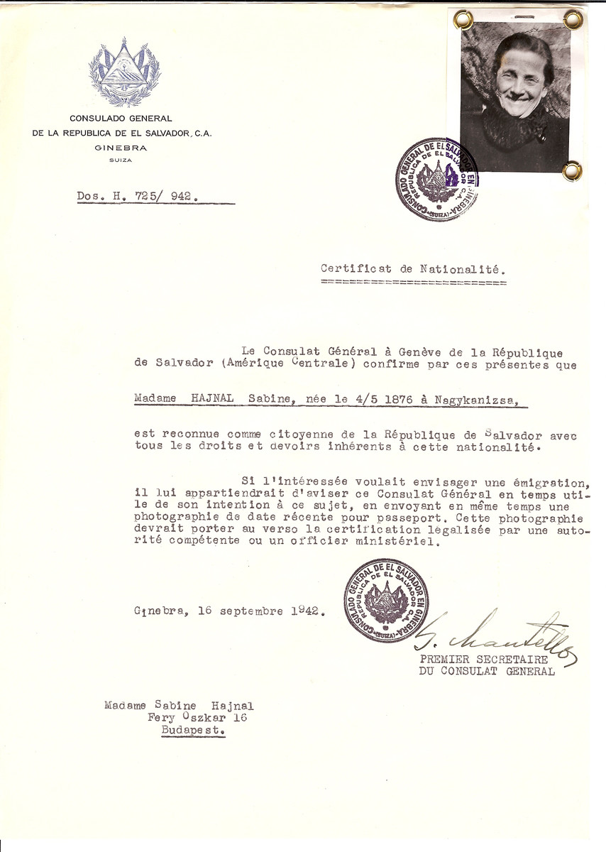 Unauthorized Salvadoran citizenship certificate issued to Sabine Hajnal (b. May 4, 1876 in Nagykanizsa) by George Mandel-Mantello, First Secretary of the Salvadoran Consulate in Switzerland and sent to her residence in Budapest.
