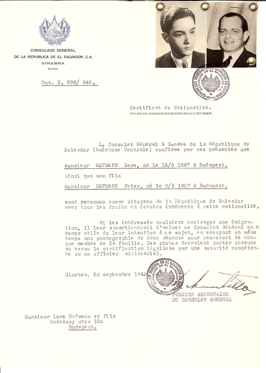 Unauthorized Salvadoran citizenship certificate issued to Imre Hofmann (b. March 16, 1897 in Budapest) and his son Peter Hofmann (b. May 5, 1927 in Budapest) by George Mandel-Mantello, First Secretary of the Salvadoran Consulate in Switzerland and sent to their residence in Budapest.