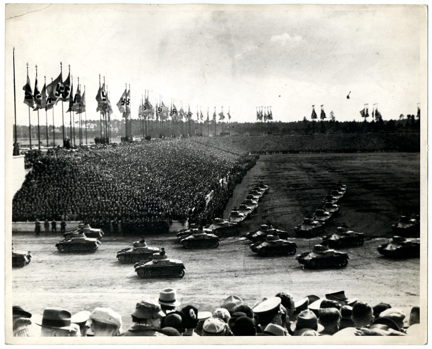 Tanks parade through the grounds of the stadium at the Nazi Party Congress in Nuremberg.