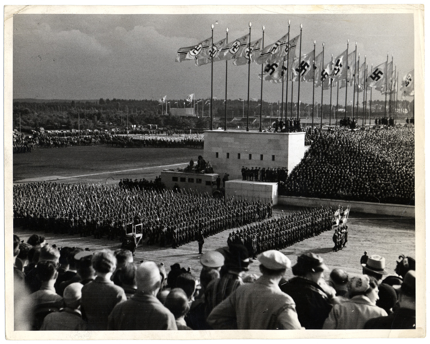 German soldiers parade in formation during war games at the Nazi Party Congress in Nuremberg.