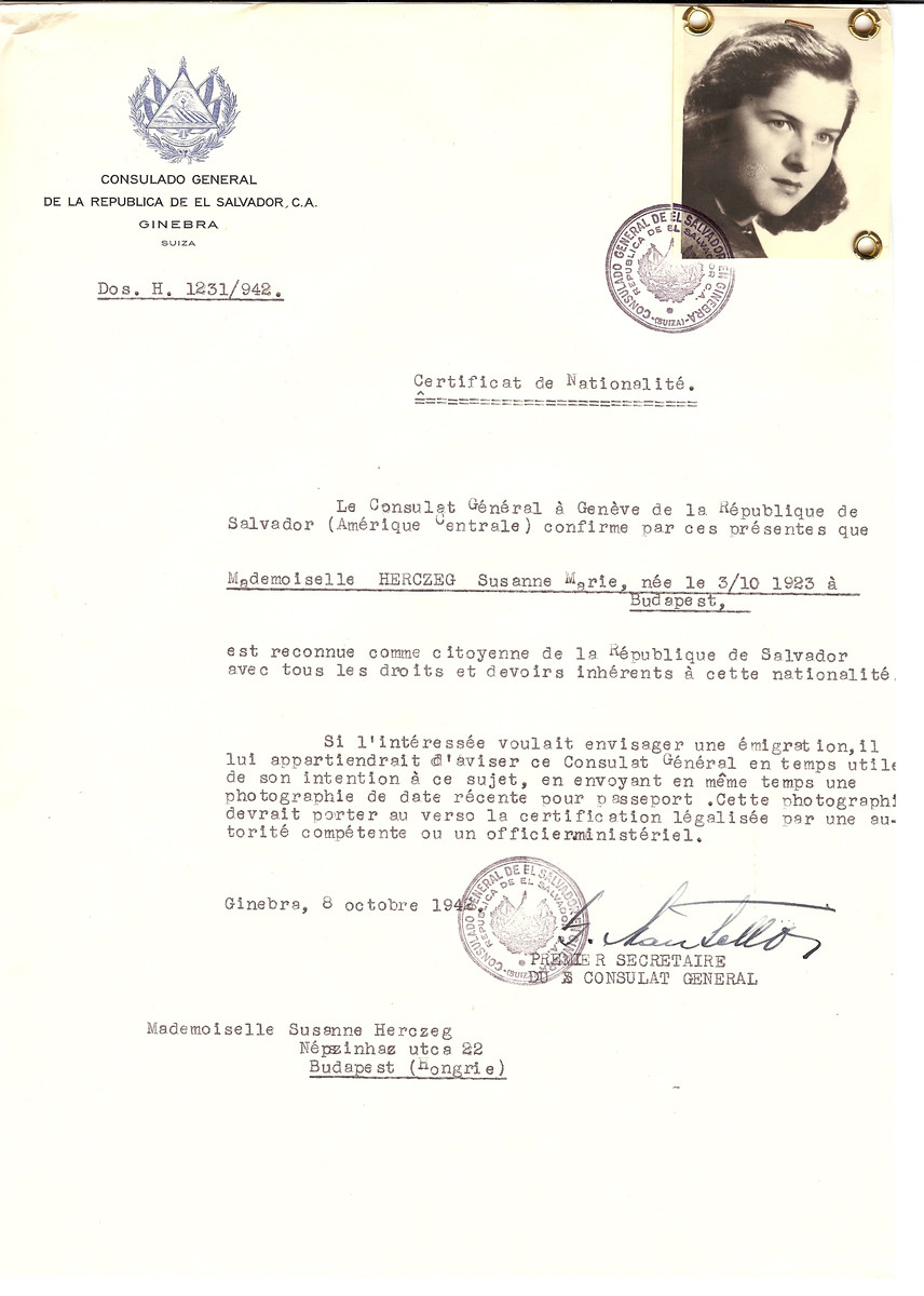 Unauthorized Salvadoran citizenship certificate made out to Susanne Marie Herczeg (b. October 3, 1923 in Budapest) by George Mandel-Mantello, First Secretary of the Salvadoran Consulate in Geneva and sent to her in Budapest.