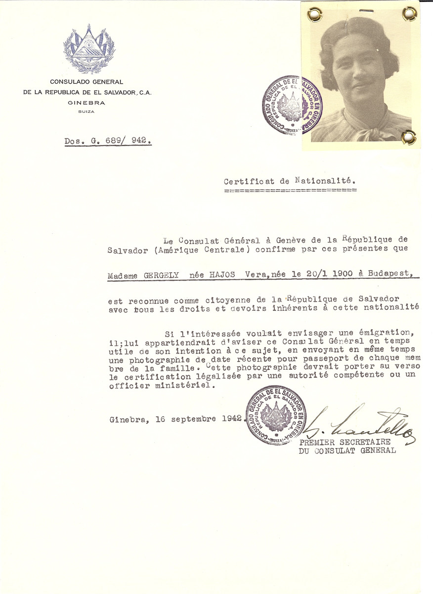 Unauthorized Salvadoran citizenship certificate made out to Vera (nee Hajos) Gergely (b. January 20, 1900 in Budapest) by George Mandel-Mantello, First Secretary of the Salvadoran Consulate in Geneva.
