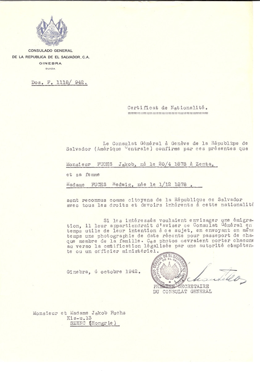 Unauthorized Salvadoran citizenship certificate made out to Jakob Fuchs (b. April 20, 1878 in Zenta) and his wife Hedwig Fuchs (b. December 1, 1878) by George Mandel-Mantello, First Secretary of the Salvadoran Consulate in Geneva and sent to them in Senec.