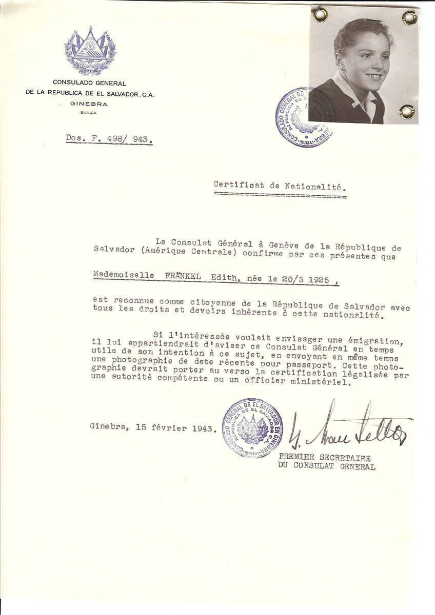 Unauthorized Salvadoran citizenship certificate made out to Edith Frankel (b. May 20, 1925) by George Mandel-Mantello, First Secretary of the Salvadoran Consulate in Geneva.