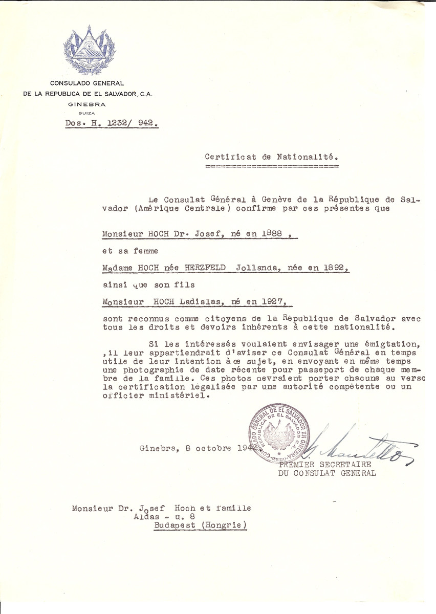 Unauthorized Salvadoran citizenship certificate made out to Dr. Josef Hoch (b. 1888), his wife Jollanda (nee Herzfeld) Hoch (b. 1892) and son Ladislas (b. 1927) by George Mandel-Mantello, First Secretary of the Salvadoran Consulate in Geneva and sent to them in Budapest.