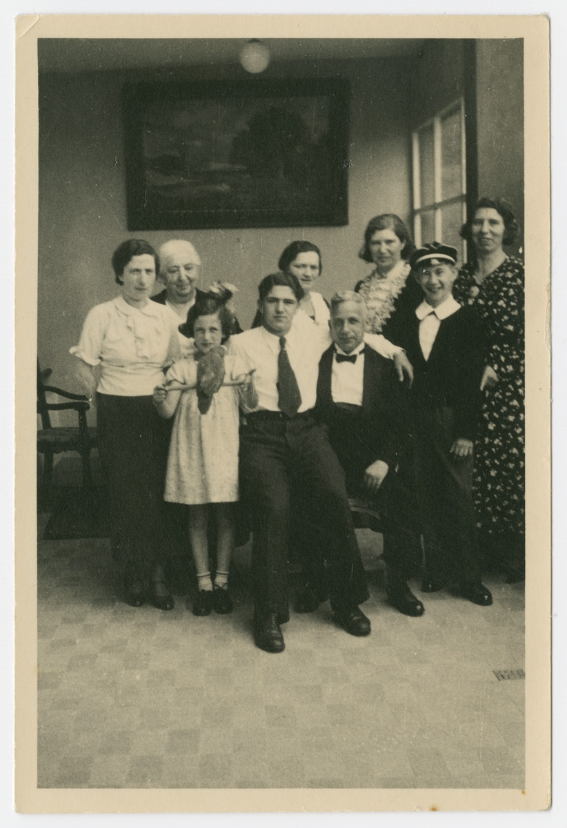 A German-Jewish family residing in Liechtenstein pose for a photograph.

Pictured (L-R): Bertha Greif, Bertha Marx, Margot Greif, Helmut Isenberg, Jetta Suesskind, Leo Greif, Erna Isenberg, Norbert Isenberg, and Alice Marx.