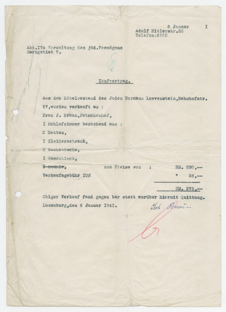 Document from the manager of Jewish assets stating that the Jew Herman Loewenstein sold his bedroom set to Mrs. Braun at his address on what is now Adolf Hitler Street.