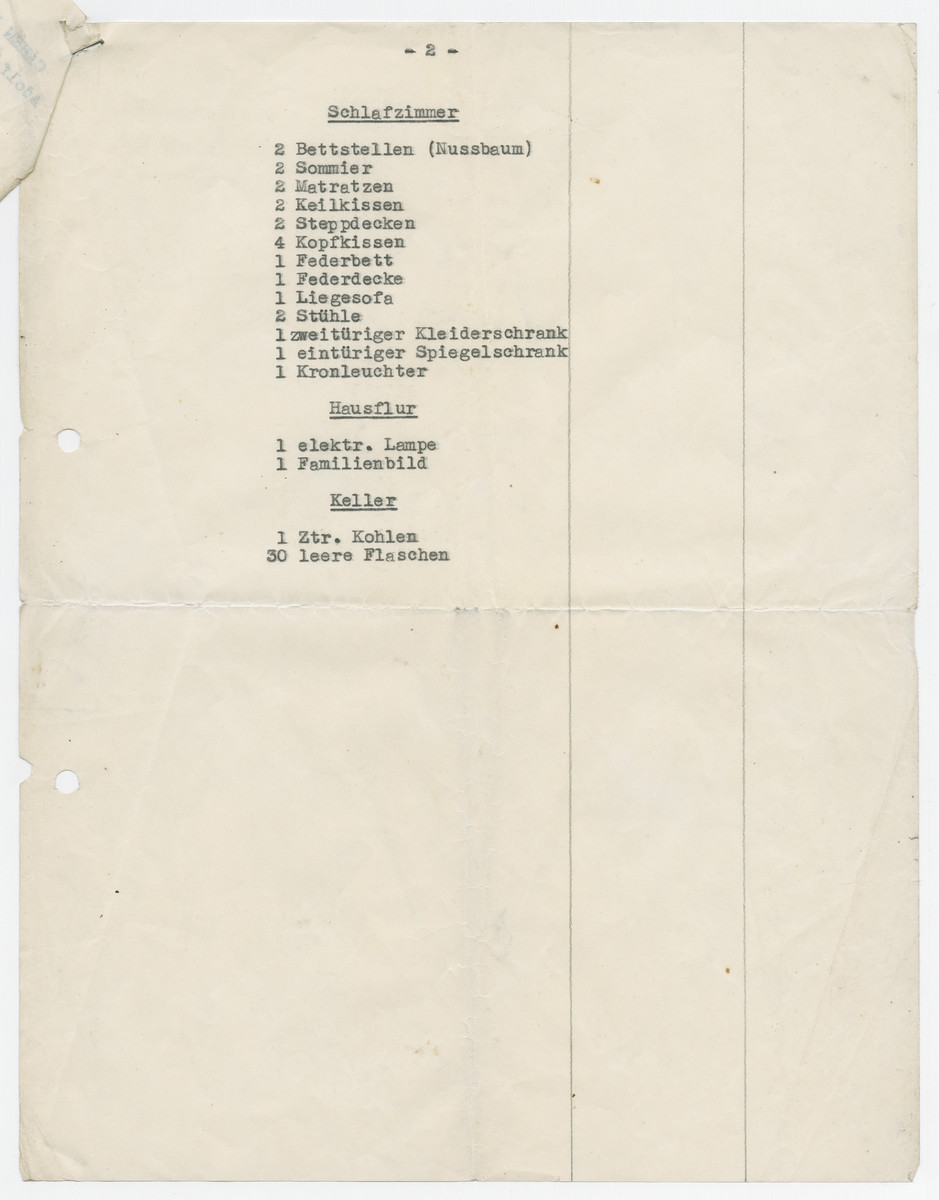 Page 2 of a document from the manager of Jewish assets stating that the Jew Max Cahen sold his furniture from his apartment at his address on what is now Adolf Hitler Street.