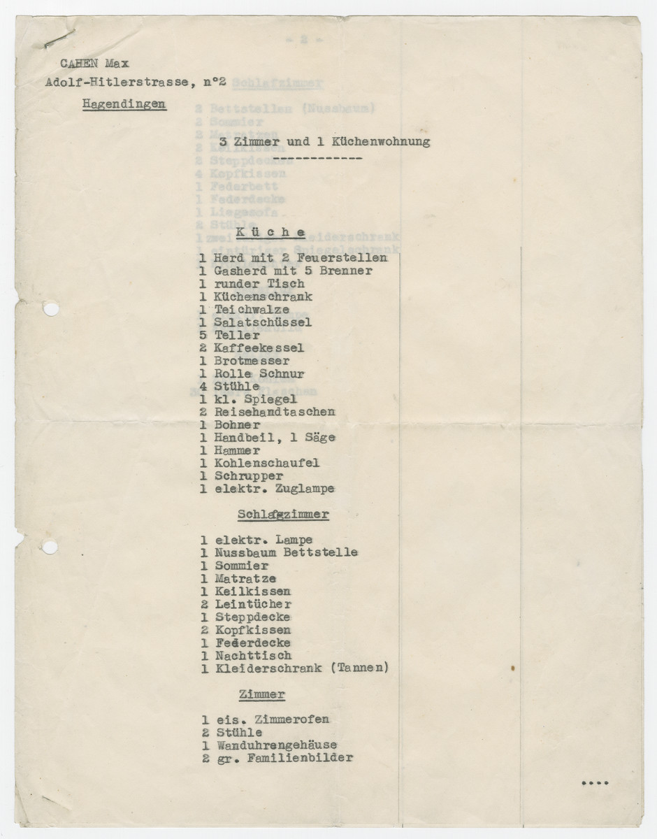 Document from the manager of Jewish assets stating that the Jew Max Cahen sold his furniture from his apartment at his address on what is now Adolf Hitler Street.