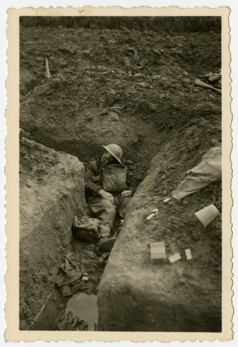 The corpses of British soldiers lie in trenches near the Bassee Canal prior to the retreat to Dunkirk.