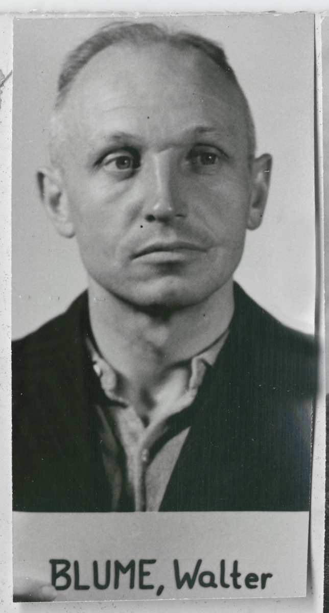 Mug shot of Walter Blume, SS commanding officer and member of the Einsatzgruppen C. He was sentenced to death by hanging, but it was later commuted to 25 years in prison. However, he was released in 1955 and died in 1974.