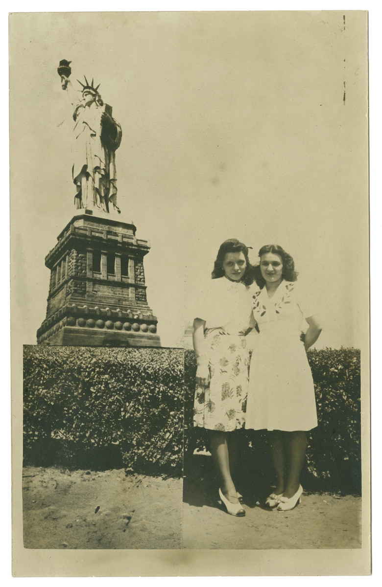 Doris Edelman (nee Tager) (on the right) poses with a friend during a visit to the Statue of Liberty.