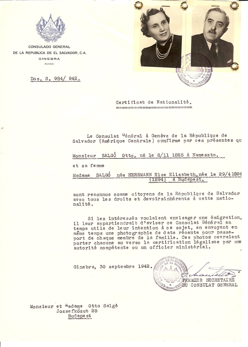 Unauthorized Salvadoran citizenship certificate issued to Otto Salgo (b. November 8, 1885 in Nameszto) and his wife Elsa Elisabeth (nee Herrmann) Salgo (b. April 29, 1894 in Budapest) by George Mandel-Mantello, First Secretary of the Salvadoran Consulate in Switzerland and sent to them in Budapest.