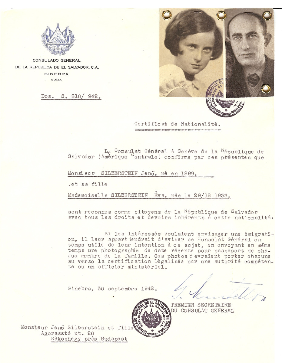Unauthorized Salvadoran citizenship certificate issued to Jano Silberstein (b. 1899) and his daughter Eva (b. December 29, 1933) by George Mandel-Mantello, First Secretary of the Salvadoran Consulate in Switzerland and sent to them in Budapest.
