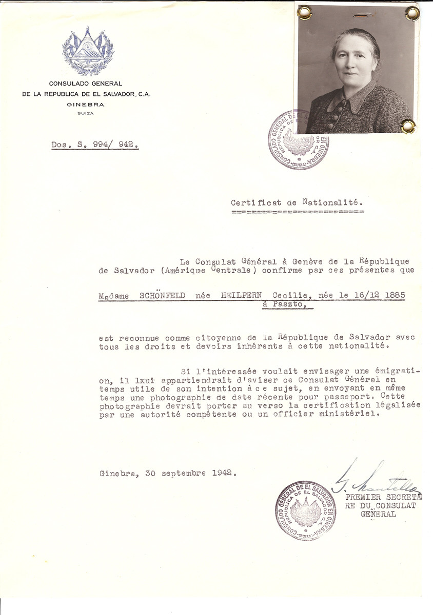 Unauthorized Salvadoran citizenship certificate issued to Cecilie (nee Heilpern) Schonfeld (b. December 16, 1885 in Paszto) by George Mandel-Mantello, First Secretary of the Salvadoran Consulate in Switzerland.