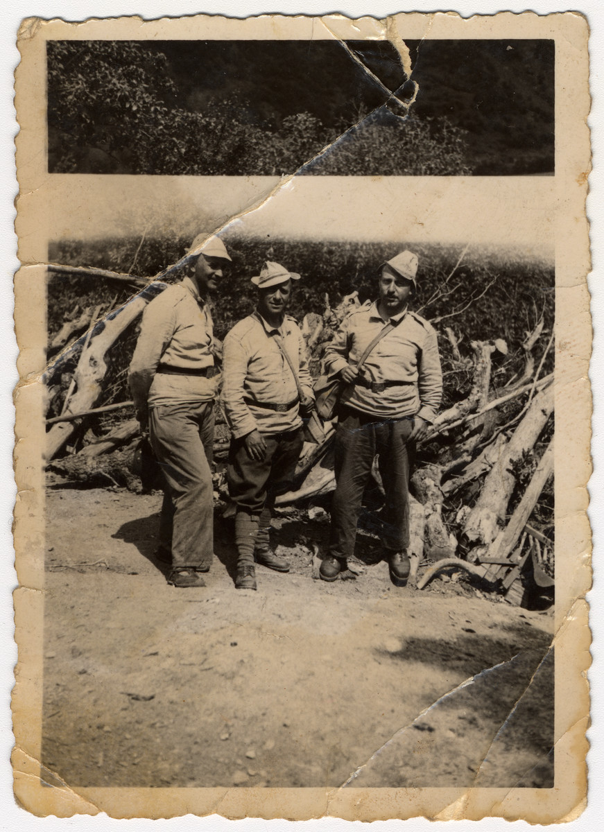 Three Jewish forced laborers poses next to a pile of wood in Bulgaria.