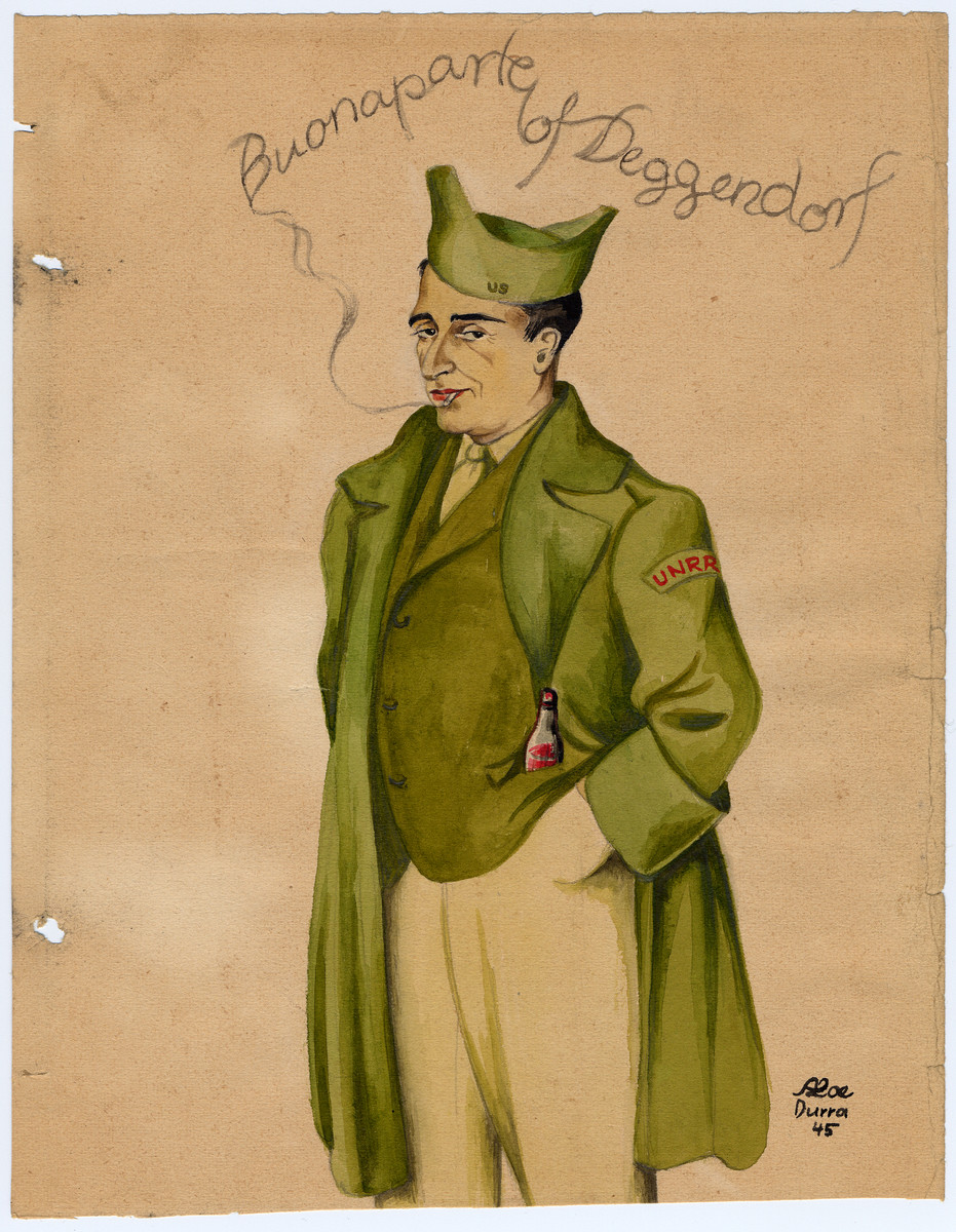 Caricature of Carl Atkin, the UNRRA director of the Deggendorf displaced persons' camp entitled "Buonaparte of Deggendorf."