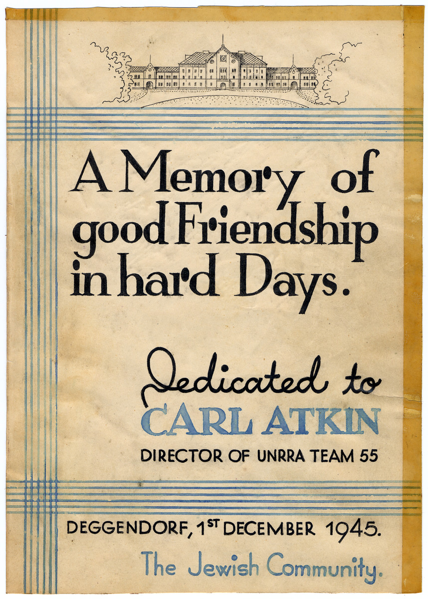 Certificate of appreication issued to Carl Atkin by the Jewish community of the Deggendorf displaced persons' camp.