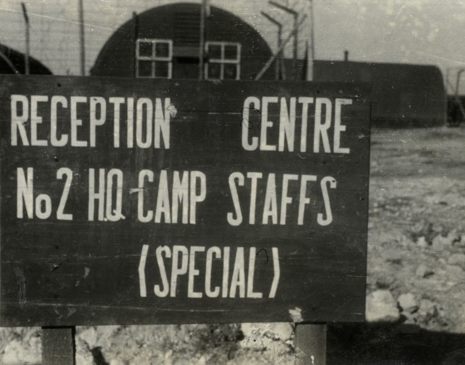 View of a sign for the Reception Centre in the Cyprus internment camp.