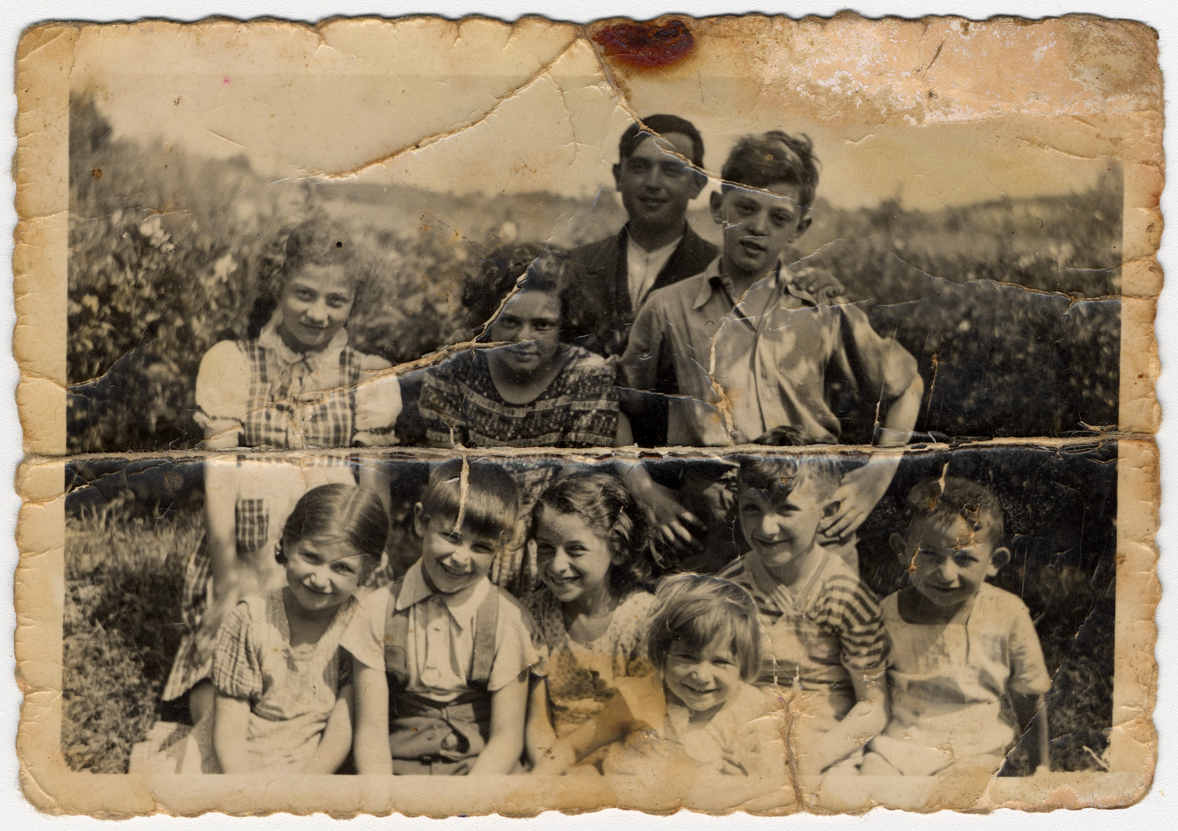 Group portrait of children in Tarnow, Poland.

Cesia Honig is pictured in the upper row on the far left.