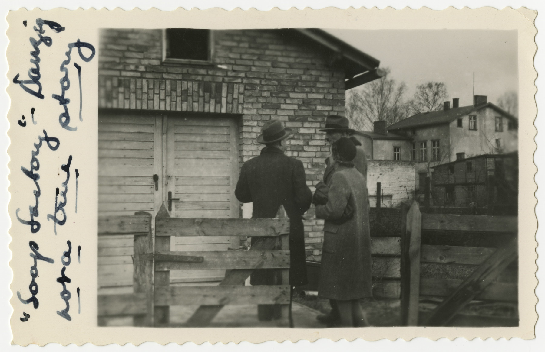 Three people visit the factory where supposedly soap was made from human corpses.  

The original caption reads: "Soap factory -- Danzig.  Not a true story."