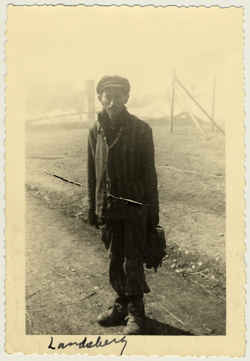 Close-up portrait of an emaciated survivor of the Landsberg concentration camp.